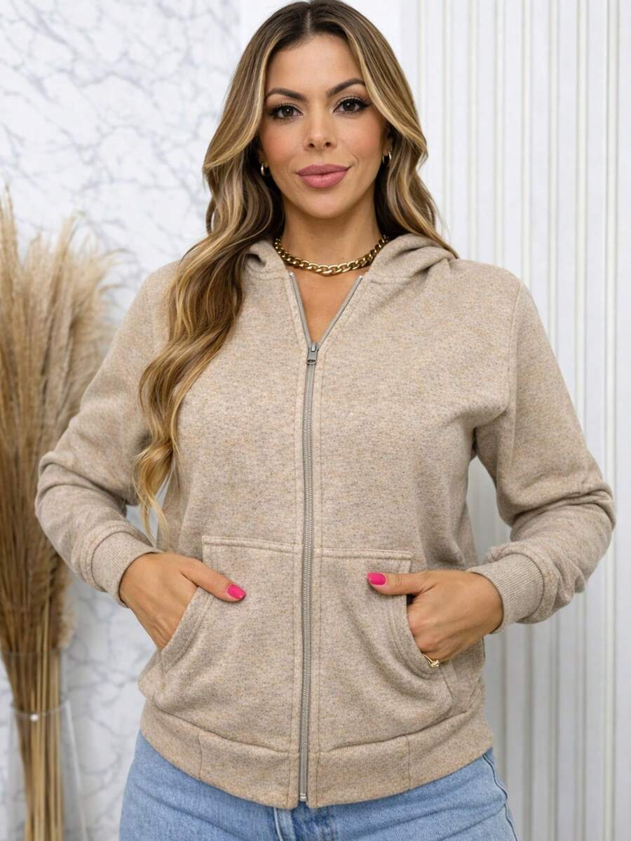 Women's Casual Zip-Up Jacket With Solid Color Hat. - Camel - View 1
