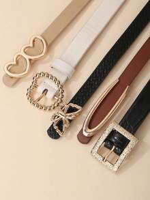 5pcs Black Leather Belt With Butterfly And Heart Shaped White Leather Belt, Metal Buckle High-End Design, Versatile Casual Belt - Multicolor-3 - View 2