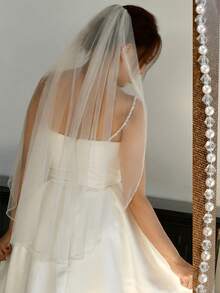 1件腰长手工串珠新娘头纱，优雅百搭的婚纱配饰 - 彩色 - 查看 2