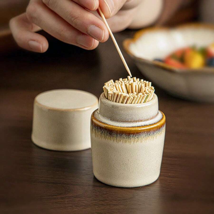 1pc Retro Toothpick Holder Ceramic Toothpick Jar Household High-End Toothpick Box Cotton Swab Dental Floss Storage - View 1
