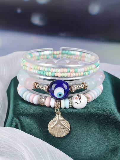 4件套波西米亚风多层金属贝壳和邪眼串珠手链，适合日常佩戴、派对装饰搭配、送给朋友、爱人的礼物、节日纪念品