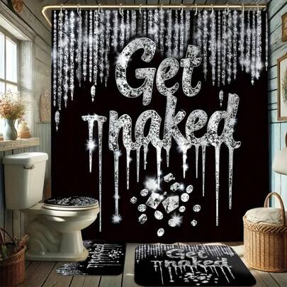 4pcs Black Crystal Tear Diamonds Drapery Shower Curtain With Multiple Hooks Decorative Bathroom Set Barrier Shower Curtain, Non-Slip Floor Mat, Toilet U-Mat, Toilet Cover Mat, Bedroom Decor, Home Decor, Bathroom Decor & Accessories, Perfect Gift
