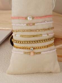 7pcs Elegant Women Bracelet Set, Adjustable Multi-Layer Beaded Bracelets With Pink And Gold Beads, Jewelry Gift, Suitable For Daily Wear And Party - Multicolor - View 5