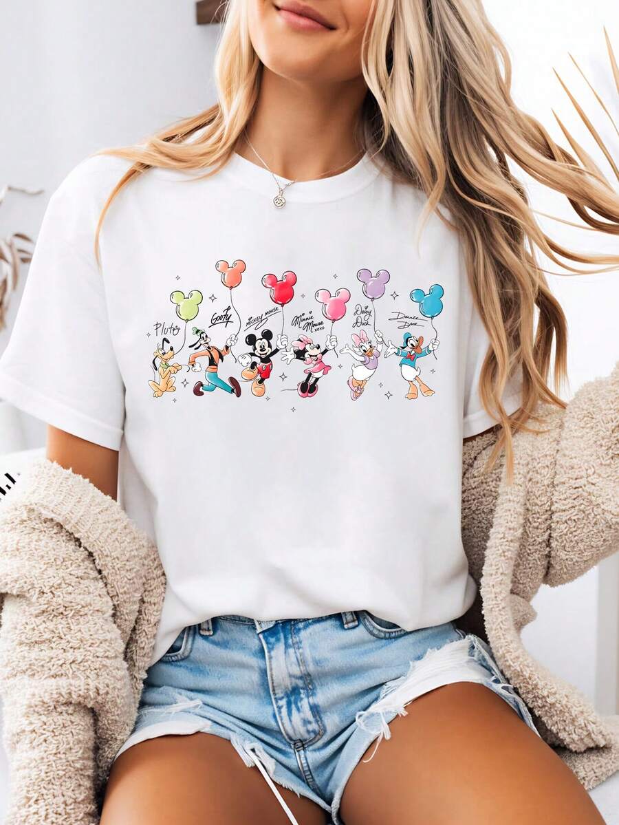Disney-Style Women's Printed T-Shirt Featuring A Cartoon Print Of Mickey Mouse And Five Other Characters Holding Mickey Balloons In The Air. This Round-Neck Summer Top Is Crafted From Soft, Comfortable 100% Cotton Fabric, Perfect For Everyday Wear, Outdoor Activities, Or Shopping. It Also Makes An Ideal Choice For Women's Vacation W - White - View 1