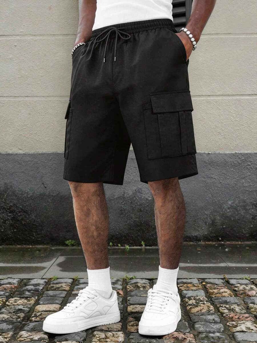 Men's Solid Color Elastic Waist Loose Casual Shorts, Summer - Black - View 1