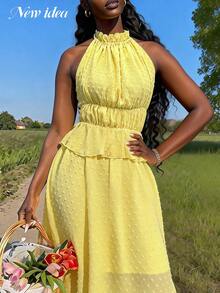 女士优雅黄色长裙，轻盈透明瑞士波点面料，无肩带褶裥下摆连衣裙，甜美优雅的假日派对装扮，女士优雅假日连衣裙，黄色瑞士波点长裙，派对场合连衣裙 - 淡黃色 - 查看 8