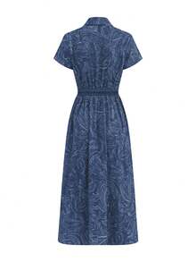 Elegant Paisley Pattern Twist Zipper Pocket Plus Size Women's Solid Color Fitted Waist Flared Dress Summer - Blue - View 8