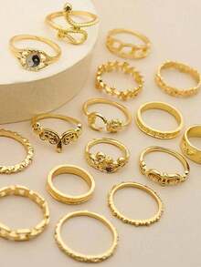 Bộ 16 nhẫn đốt ngón tay Bát Quái cổ điển, Mặt trời, Mặt trăng, Rắn, Lá, Hoa - Vàng - Xem 2