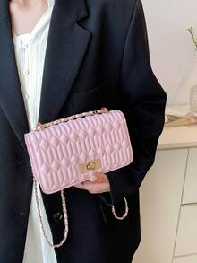 Faux Leather Solid Color Crocodile Embossed Fashion Mini Chain Shoulder Bag - Pink - View 5
