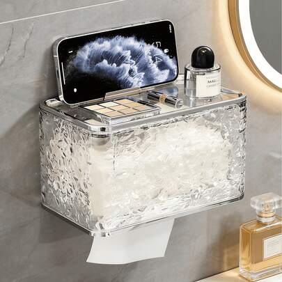 免钻孔浴室纸巾盒，豪华冰纹壁挂式卫生纸架，带置物架的浴室纸巾盒，防水卷纸架和手机支架。