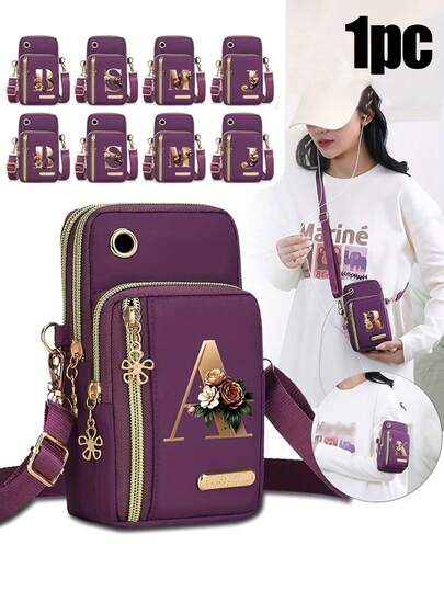 1pc Metal Flower & 26 Letter A-Z Print Fashion Casual Shoulder Bag, Nylon Material Coin Purse, Phone Shoulder Bag, Women Handbag, Multifunctional Wristlet, Shoulder Bag And Coin Wallet With Phone Pocket, Casual Travel Student Gift, Mother's Day, Anniversary, Birthday, Back To School, Holiday Gift