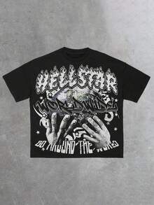 Hellstars Worldwide Globe Hands Y2K Graphic T-Shirt,220g 100% Cotton,Round Neck Short Sleeve,Black Streetwear Essential For Summer Going Out,Unisex Style - Black - View 1