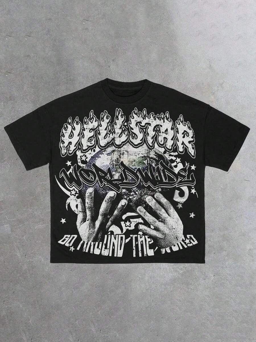 Hellstars Worldwide Globe Hands Y2K Graphic T-Shirt,220g 100% Cotton,Round Neck Short Sleeve,Black Streetwear Essential For Summer Going Out,Unisex Style - Black - View 1