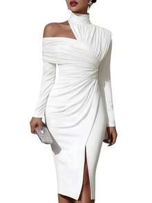 Women's French Summer Fashion Solid Color Elegant Asymmetric Design Olive Green Hanging Neck Off Shoulder Folded Long Sleeve Split Wrap Hip Dress - 白色 - 查看 4