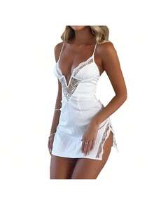 Women Sexy Bodycon Mini Dress Deep V Neck Low Cut Open Criss Cross Back Sleeveless Side Slit Mini Slip Dress - 白色 - 查看 6