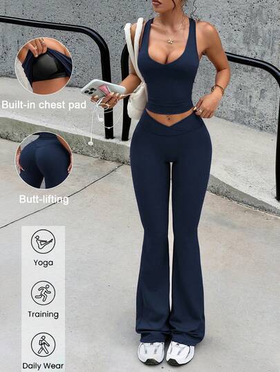 Conjunto deportivo de dos piezas para mujer Aoqta, de primavera/verano, de unicolor oscuro con escote en V sexy, top de tirantes y pantalón corto de cintura alta que levanta las caderas, para usar en el gimnasio, correr, fitness y yoga