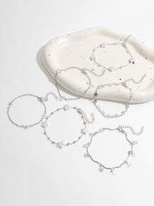 6pcs Minimalist Sweet Star Tassel Bracelets, Handmade Pearl Chain Bracelet Set For Women (Handmade Chain Length Can Be Cut, Not By Number Of Accessories) - Silver - View 2