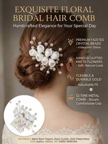 1 pezzo Pettine per capelli da sposa elegante e bianco - Accessorio per capelli da sposa romantico con perle finte e cristalli - Gioiello per capelli floreale vintage per damigelle, ballo di fine anno e feste formali, Pettine per capelli da sposa con fiore 3D bianco, Fermaglio per capelli avvolto in filo d'oro con cristalli, Accessori per capelli da sposa romantici, Copricapo elegante per feste serali - Dorato - Visualizzare 2