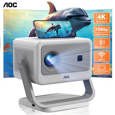  AOC Proyector con 5G WiFi6 y BT, Native 1080p y soporte 4K, 8000 Lúmenes, Corrección Automática Vertical Keystone, Pantalla de 300 Pulgadas, Compatible iOS/Android, Mini Proyector Portátil para Móvil y Hogar