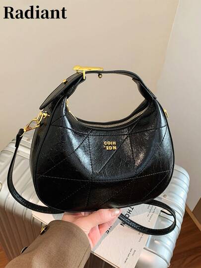 Stylish, Versatile, And Simple Women's Crossbody Bag/Handbag With A Crescent Shape, Featuring Diamond Quilting, Letter Hardware, And A Zipper Closure. Suitable For Shopping, Dates, Outings, Commuting, Or As A Gift For Friends.
