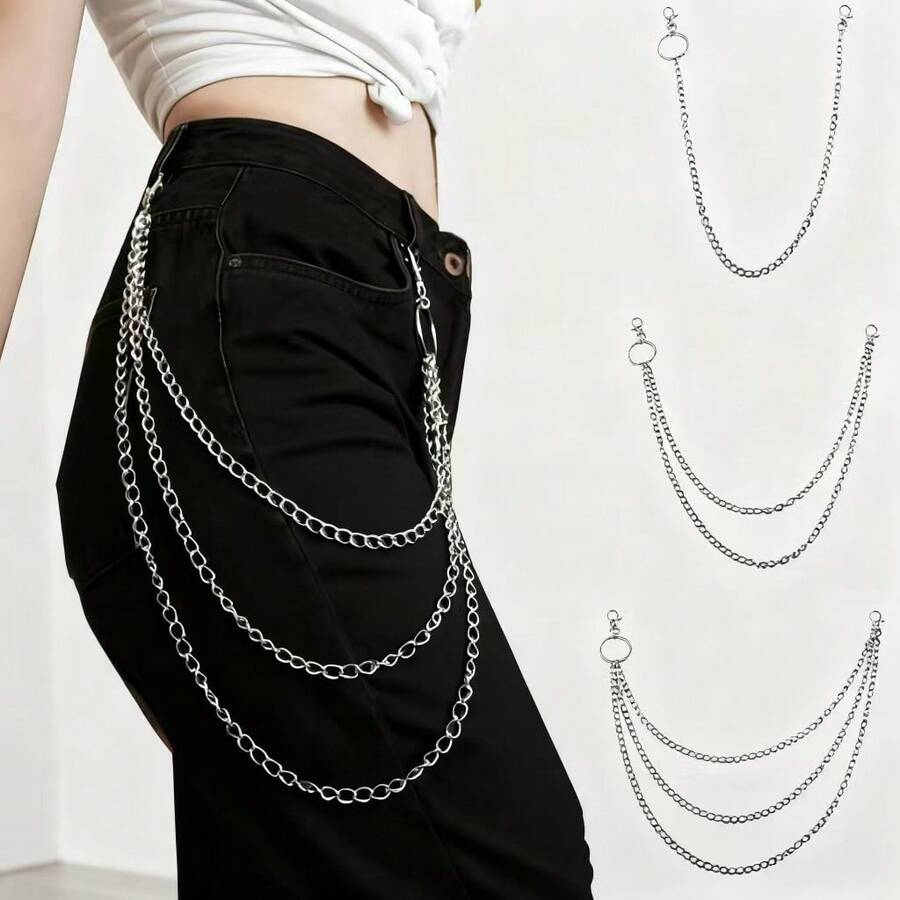 男士欧美嘻哈朋克风时尚金属腰链，个性化多层牛仔裤链，韩版ins风 - 多層鏈 - 查看 1