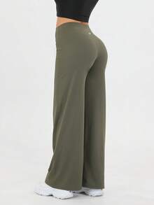 Women's Casual Sports Pants - High Waist Loose Casual Pants - Comfortable And Elastic Loose Pants Made Of Elastic Material - Straight Leg Pants With Hem For Spring And Summer Yoga Pants, Women's High Waist Elastic Casual Soft Straight Leg Pants - 橄欖綠 - 查看 8