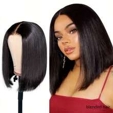 180密度 26英寸 巴西骨直发 13x4蕾丝前额真人混纺发 高清透明蕾丝前额闭合式波波头假发 女士款 自然黑 - 自然色&黑色系 - 查看 5