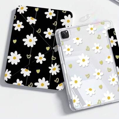 这款可爱的卡通爱心雏菊图案双面亚克力透明水晶后盖，防震防摔，适用于iPad 7、8、10代（10.2英寸），内置笔槽，支持睡眠/唤醒功能，是理想的礼物之选。