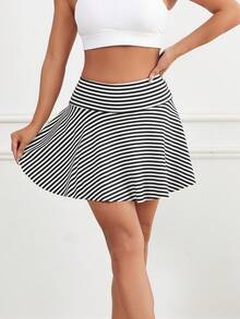 Women's Pocket Elastic Striped Double-Layer Sports Skirt Pants, Yoga Baseball Uniform Fitness Pants - Black and White - View 2