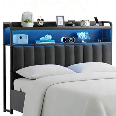 Full Upholstered Led Marco de Cabecero de Almacenamiento para Cama de Full con luz LED RGB, Marco de Cama de Plataforma de Terciopelo con Cabecera Wingback, Sin Ruido