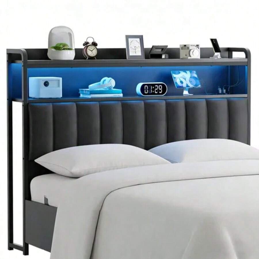 Full Upholstered Led Marco de Cabecero de Almacenamiento para Cama de Full con luz LED RGB, Marco de Cama de Plataforma de Terciopelo con Cabecera Wingback, Sin Ruido