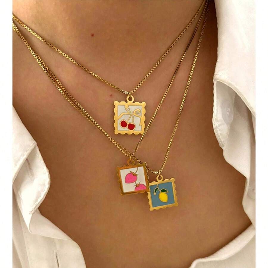 1 pieza Colgante cuadrado de moda con limón y cereza - Multicolor - Ver 1