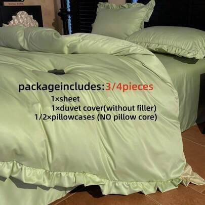 3/4pcs Solid Color Chiffon Lace Duvet Cover Set (1 Duvet Cover, 1 Bed Sheet, 1/2 Pillowcase, Excluding Comforter Insert), Princess Style Polyester Bedding Set, Queen Size, Soft & Comfortable, Suitable For All Seasons, Bedroom, Hotel