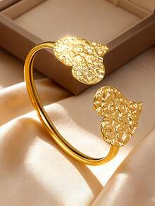1pc Stainless Steel Heart, Plum Blossom, Sunflower Design Adjustable Open Bangle Bracelet For Women - Golden Heart - View 4