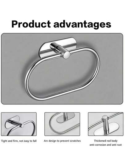 Stainless Steel Towel Ring, Silver, No-Drill Wall Mount Bathroom Towel Holder, Universal For Bathroom & Kitchen