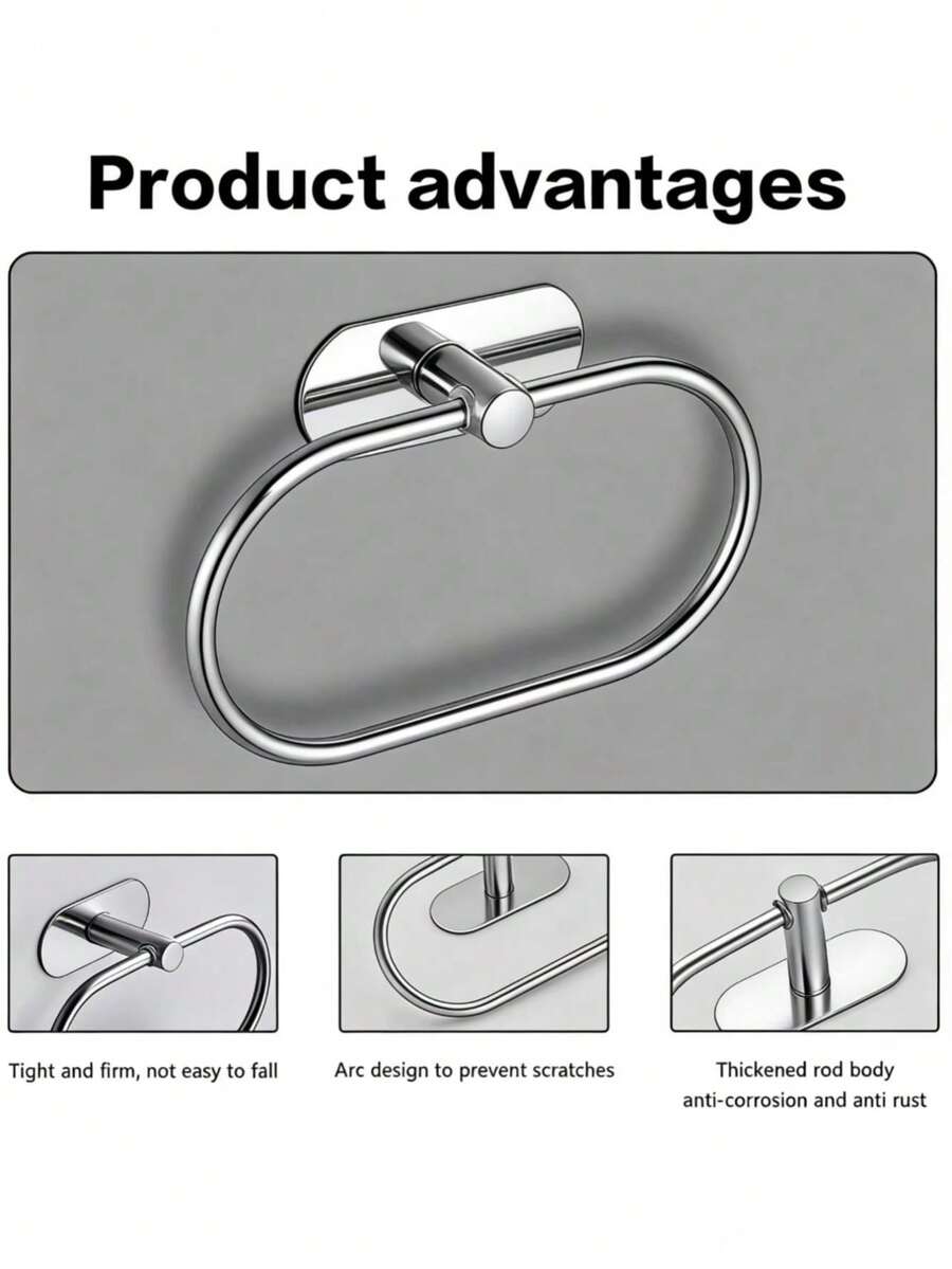 Stainless Steel Towel Ring, Silver, No-Drill Wall Mount Bathroom Towel Holder, Universal For Bathroom & Kitchen - Silver - View 1