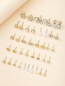 20pcs/Set Cute Petite Heart & Snowflake Geometric Faux Pearl Rhinestone Earrings, Versatile Casual Travel Photo Wear Delicate Earrings For Women - Yellow Gold - View 2