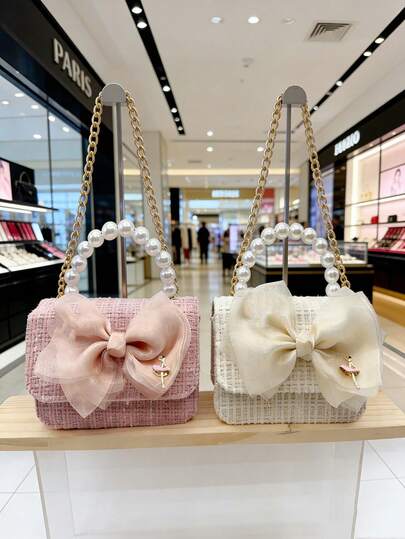 Korean Style Lovely Bow Mini Bag, Ballet Girl Charm Pearl Handbag, Fashion Crossbody Purse With Gold Chain For Girls