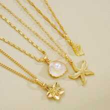 4pcs/Set Bohemian Style Faux Shell & Starfish Necklace Set, Fashionable Summer Beach Style Jewelry, Suitable As Gift - Gold - View 2