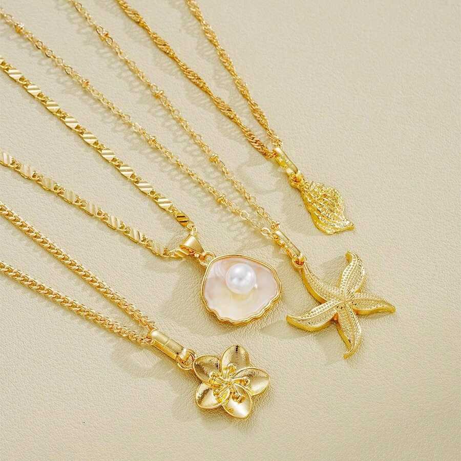 4pcs/Set Bohemian Style Faux Shell & Starfish Necklace Set, Fashionable Summer Beach Style Jewelry, Suitable As Gift - Gold - View 1