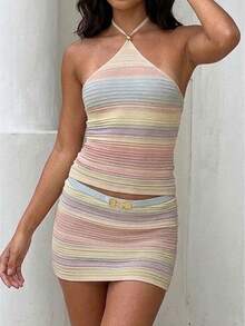 Women's 2 Piece Outfit Mini Knit Skirt Set Sexy Striped Sleeveless Backless Slim Fit Halter Crop Top Mini Skirt Sets Summer Beach Matching Going Out Clothes - 彩色 - 查看 1