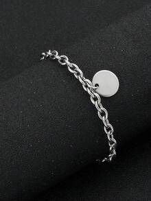 1pc Stainless Steel Chain With Small Round Pendant, Minimalist Bracelet For Men - Silver - View 1