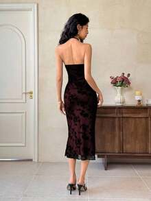Women's Elegant Floral Flocked Sheer Backless Halter Mid-Length Dress  Women Dresses Birthday  Women Birthday Outfit Chinese Elements/Summer\Wedding Guest Dress\Party - Nhiều màu - Xem 7