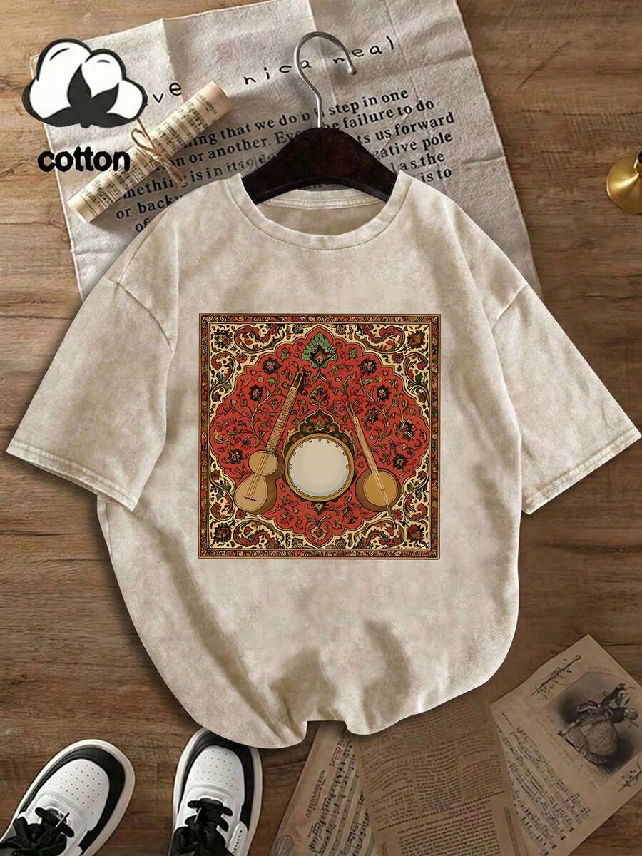 Women's Fun Persian Musical Instrument Cartoon Letter Print Street Style, Korean Style Comfortable Retro Fashion Commuting Versatile Y2K Women's Clothing, Regular Niche Punk Style Black Fitted Round Neck Short Sleeve Washed T-Shirt, Washed Retro Series Comfortable Pure Cotton T-Shirt, Easily Create Retro Casual Wear, Suitable For Daily Commuting, Casual Outings, Everyday Wear, Classic Retro Style Women's Clothing - Màu be - Xem 1