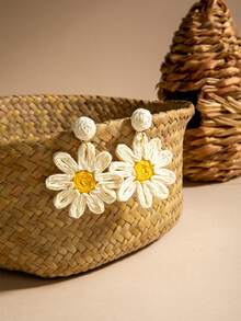 imoli 一对波西米亚风拉菲草向日葵金属涤纶几何椭圆耳环，适合女性夏季、海滩、节日佩戴，亦可作为礼物。 - 29359-ear-white-EP - 查看 5