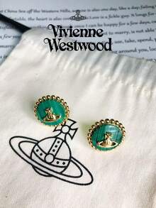 Vivienne Westwood Khuyên tai đính đá Malachite hình tròn hiệu Neyla Collection, mạ vàng và đồng thau. - Vàng - Xem 7