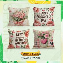 4pcs Mother's Day Pink Rose Cluster & Butterfly Pattern Single-Sided Print Throw Pillow Covers, Decorative Pillow Covers For Living Room Sofa Bedroom, Pillow Inserts Not Included - Multicolor - View 13