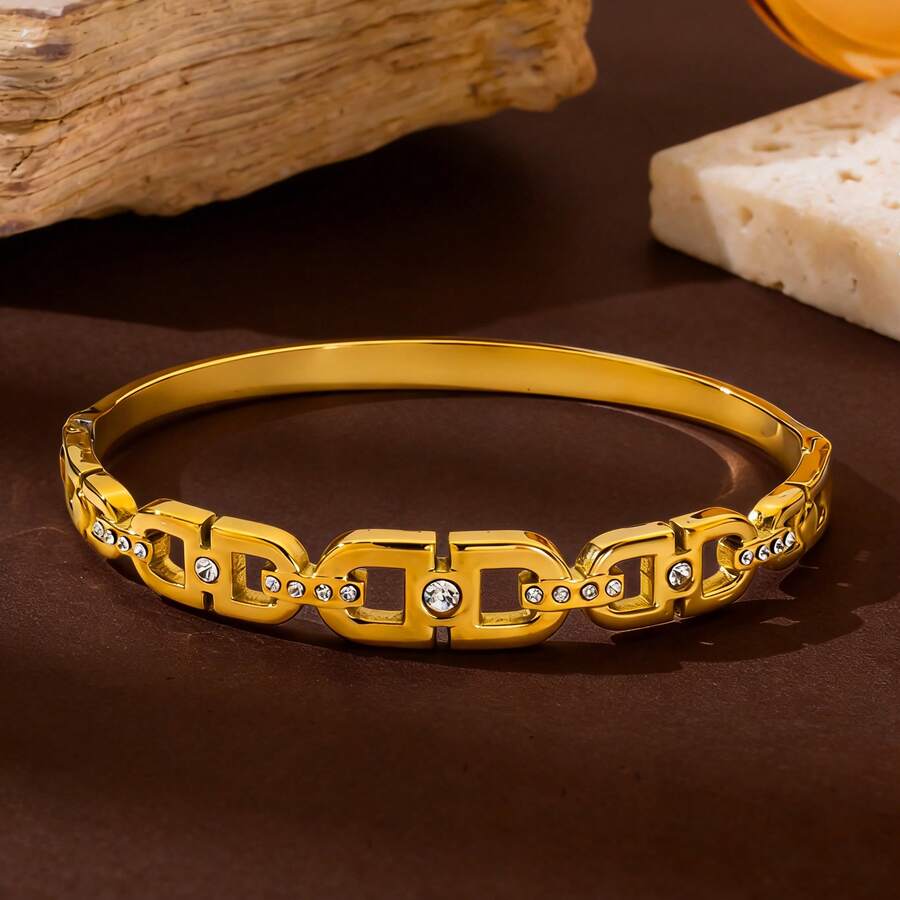 Pulsera de mujer con letra CD, pulsera de acero inoxidable de alta calidad decorada con circonita, adecuada para uso diario, banquetes, Día de la Madre, regalo de joyería para el Ramadán - Amarillo Oro - Ver 1