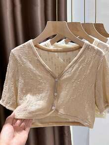 1 chiếc áo khoác ren đen, áo choàng bolero mỏng nhẹ, tay ngắn, thích hợp mặc ngoài váy, mùa hè, đi biển, nghỉ lễ. - màu đen - Xem 3