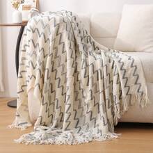 Tasseled Knit Throw Blanket - Soft, Lightweight And Cozy For Sofa, Bed And Travel Use - Farmhouse Style Beige And Cream - AB Yarn Beige - View 6